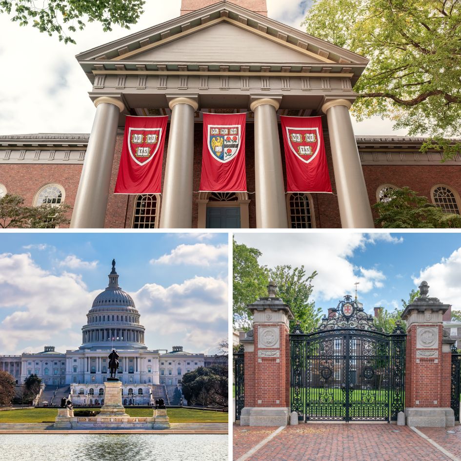 photo collage: top Harvard University, bottom left: Capitol Building, Washington DC, bottom right Brown University
